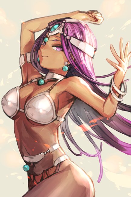 1girl armlet armor arms_up bangs bare_shoulders bikini_armor bracelet closed_mouth collar dark_skin dragon_quest dragon_quest_iv fingernails grey_background hankuri headpiece jewelry long_hair looking_at_viewer manya metal_collar navel parted_bangs pearl_earrings pelvic_curtain purple_hair smile solo standing upper_body violet_eyes