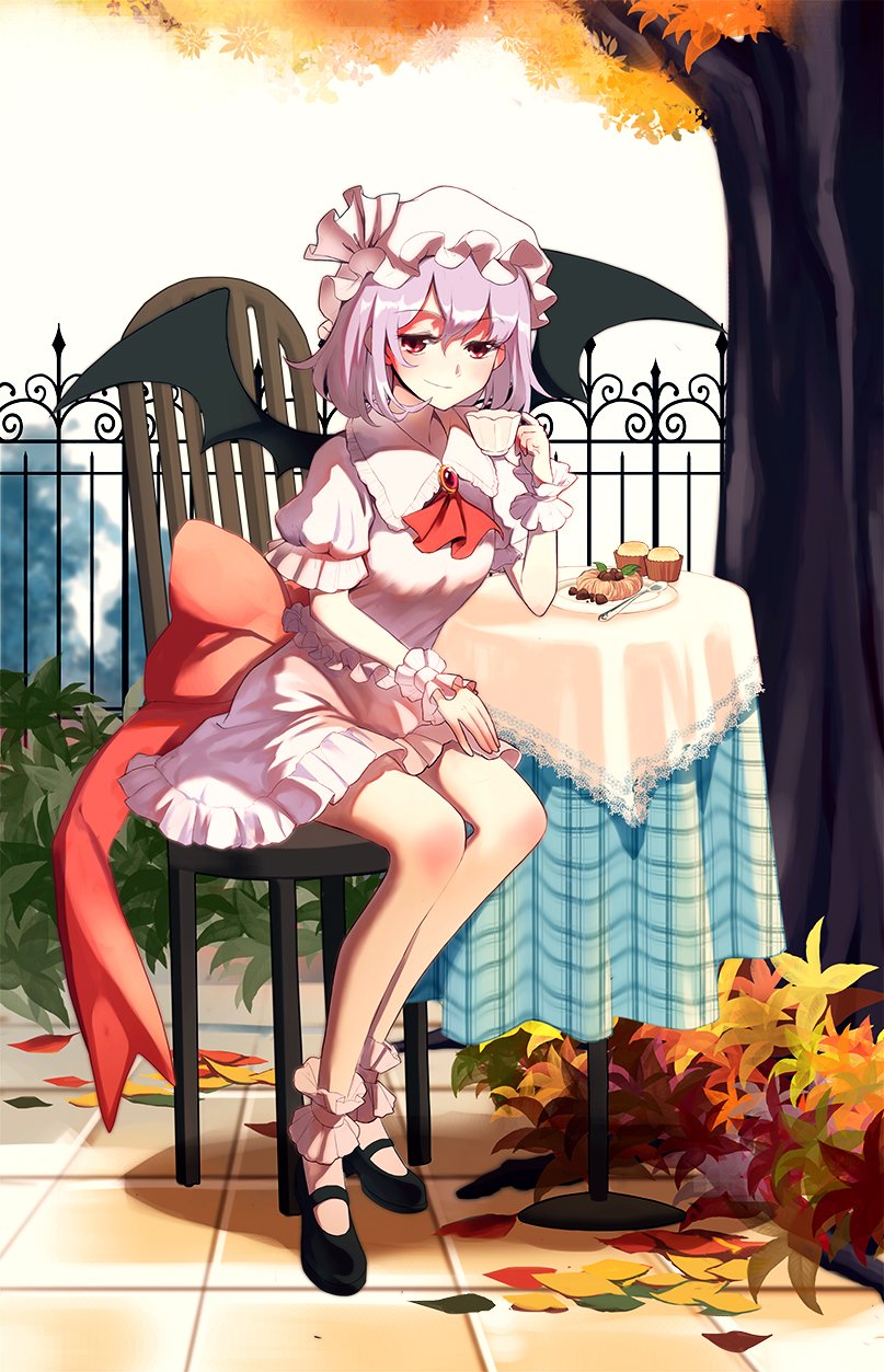 1girl ascot autumn_leaves bat_wings blue_hair brooch chair cup day dish frilled_shirt frilled_shirt_collar frilled_sleeves frills hat hat_ribbon highres jewelry lavender_hair mob_cap pastry puffy_short_sleeves puffy_sleeves red_eyes red_ribbon remilia_scarlet ribbon shirt short_hair short_sleeves sitting skirt skirt_set solo spoon table tea teacup touhou tree wings wrist_cuffs zhangx