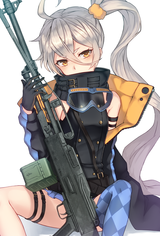 1girl ahoge arm_support asymmetrical_legwear bangs bare_shoulders black_footwear blush covered_mouth expressionless girls_frontline gloves goggles goggles_around_neck gun hair_between_eyes head)tilt holding holding_gun holding_weapon jacket long_hair looking_at_viewer machine_gun magazine_(weapon) pkp_(girls_frontline) pkp_pecheneg ryuinu side_ponytail silver_hair simple_background single_thighhigh sitting solo strap thigh-highs thigh_strap tsurime very_long_hair weapon white_background yellow_eyes