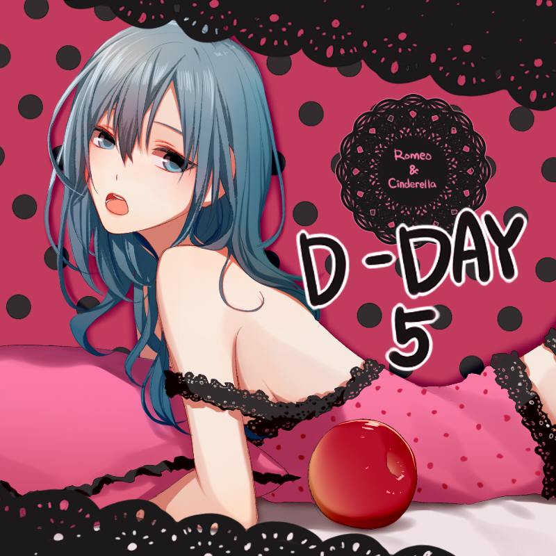 1girl apple aqua_eyes aqua_hair asd13 bare_shoulders bed_sheet breasts camisole food fruit half-closed_eyes hatsune_miku lace-trimmed_camisole lace_trim long_hair looking_at_viewer lying messy_hair on_stomach open_mouth pillow pink_background pink_camisole polka_dot polka_dot_background romeo_to_cinderella_(vocaloid) sideboob solo song_name strap_slip vocaloid