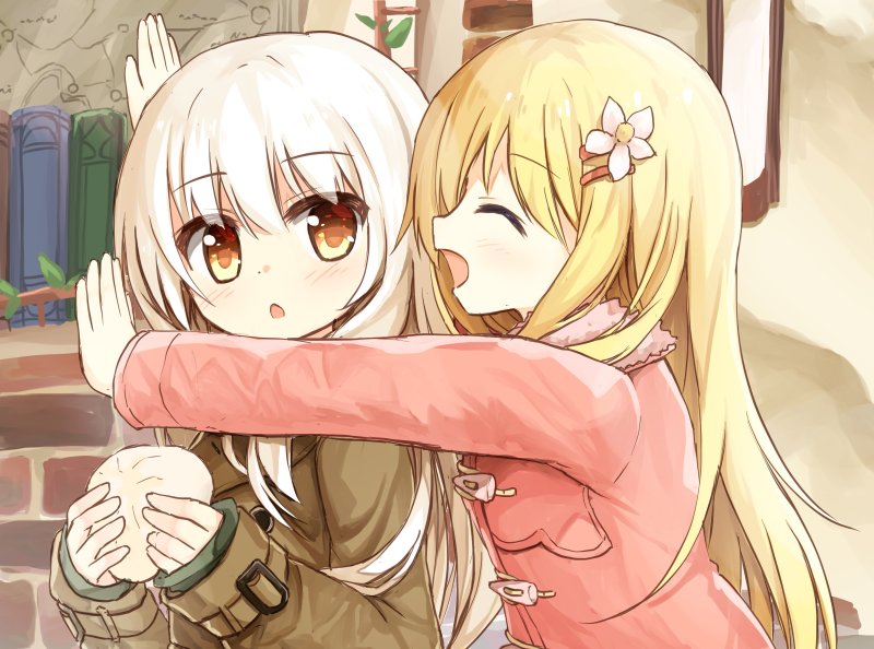 2girls :d ^_^ bangs baozi blonde_hair blush brick_wall brown_coat brown_eyes chestnut_mouth closed_eyes coat commentary_request eyebrows_visible_through_hair flower food hair_between_eyes hair_flower hair_ornament hairclip hands_up holding holding_food hug long_hair long_sleeves looking_at_viewer multiple_girls open_mouth original parted_lips pink_coat sleeves_past_wrists smile very_long_hair white_hair yuuhagi_(amaretto-no-natsu)