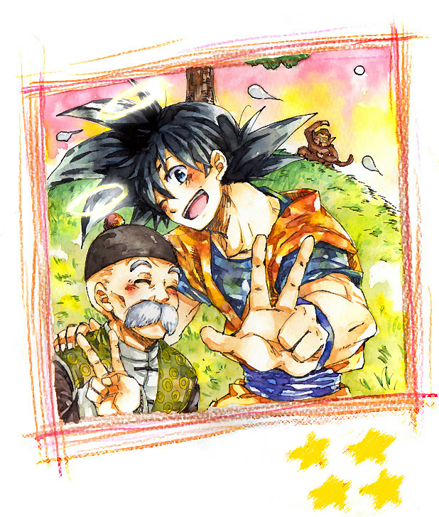 2boys ;d ake_(ake54) animal black_eyes black_hair bubbles_(dragon_ball) chinese_clothes closed_eyes dougi dragon_ball facial_hair grandfather_and_grandson grandpa_gohan grass halo hand_on_another's_shoulder happy hat looking_at_viewer male_focus monkey multiple_boys mustache one_eye_closed open_mouth smile son_gokuu spiky_hair star tree v