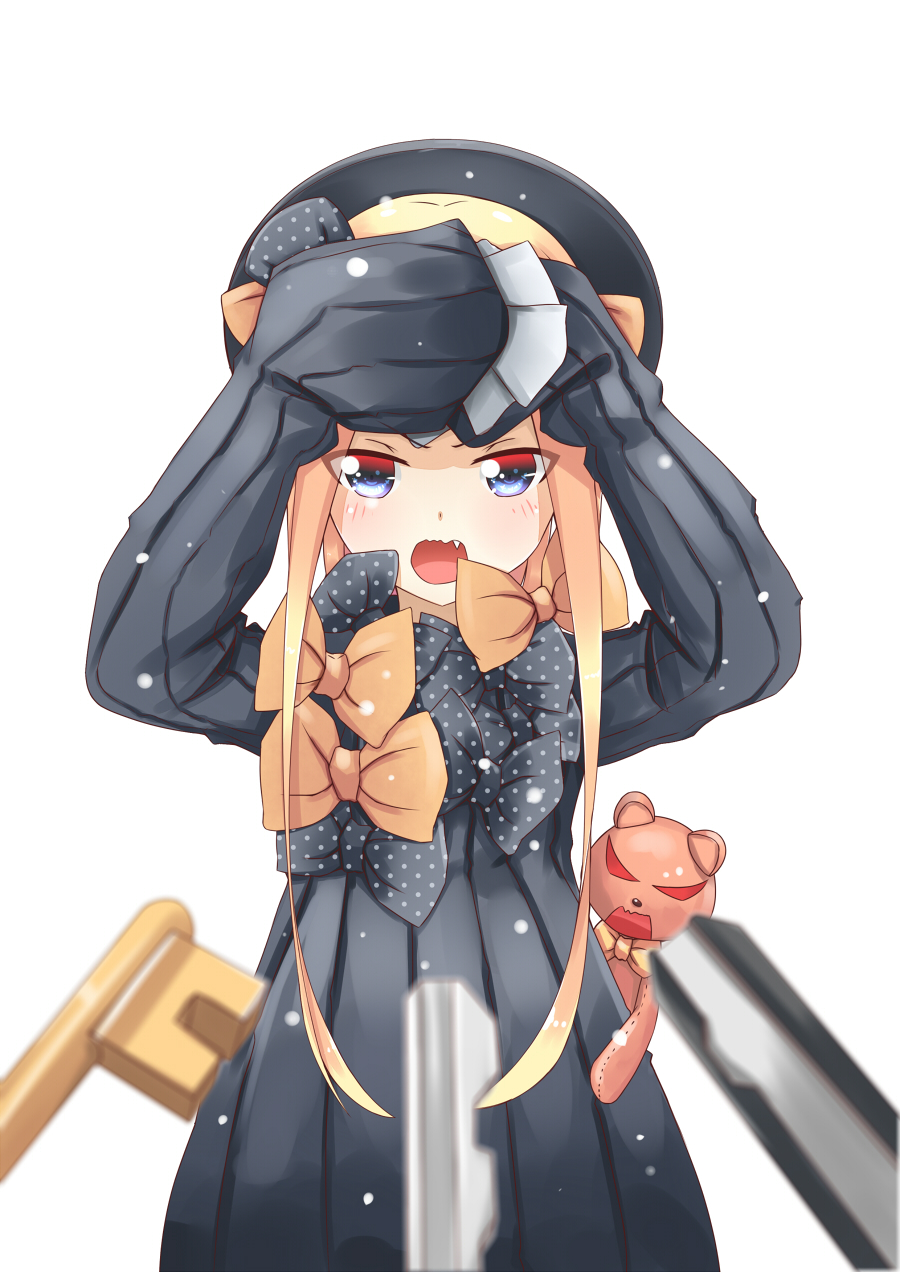1girl abigail_williams_(fate/grand_order) aiee arms_up bangs black_bow black_dress black_hat blonde_hair blue_eyes blurry blurry_foreground blush bow covering depth_of_field dress fang fate/grand_order fate_(series) hair_bow hands_in_sleeves hat highres key long_sleeves looking_at_viewer open_mouth orange_bow orion_(fate/grand_order) parted_bangs polka_dot polka_dot_bow simple_background stuffed_animal stuffed_toy teddy_bear tsurime v-shaped_eyebrows white_background