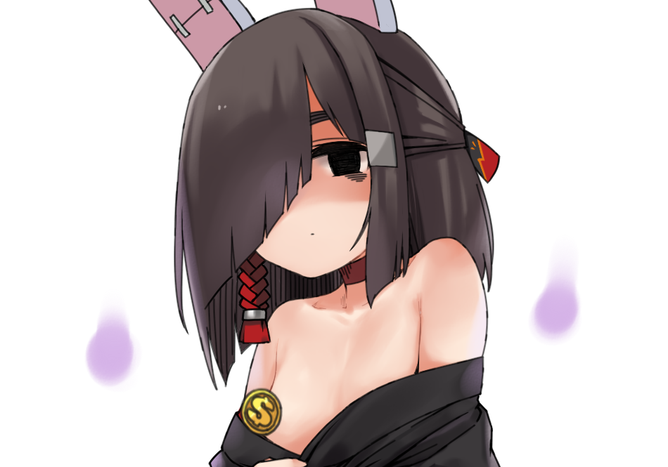 1girl animal_ears azur_lane bangs bare_shoulders black_eyes black_hair black_kimono breasts censored choker closed_mouth collarbone empty_eyes eyebrows facing_away fake_animal_ears fire hair_over_one_eye hair_ribbon hitodama japanese_clothes kimono looking_at_viewer moru_(monaka) no_bra no_nose novelty_censor off_shoulder purple_fire rabbit_ears red_choker ribbon shiranui_(azur_lane) short_hair simple_background small_breasts solo tareme upper_body white_background