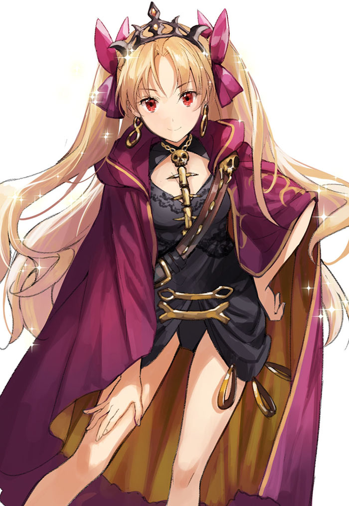 1girl bangs black_dress black_leotard blonde_hair bow cape cloak closed_mouth commentary_request dress earrings ereshkigal_(fate/grand_order) eyebrows_visible_through_hair fate/grand_order fate_(series) hair_bow hair_ribbon hand_on_hip hood hooded_cloak ice_(ice_aptx) jewelry legs_apart leotard long_hair looking_at_viewer parted_bangs purple_bow red_eyes ribbon simple_background skull_necklace smile solo standing tiara tohsaka_rin tsurime two_side_up white_background