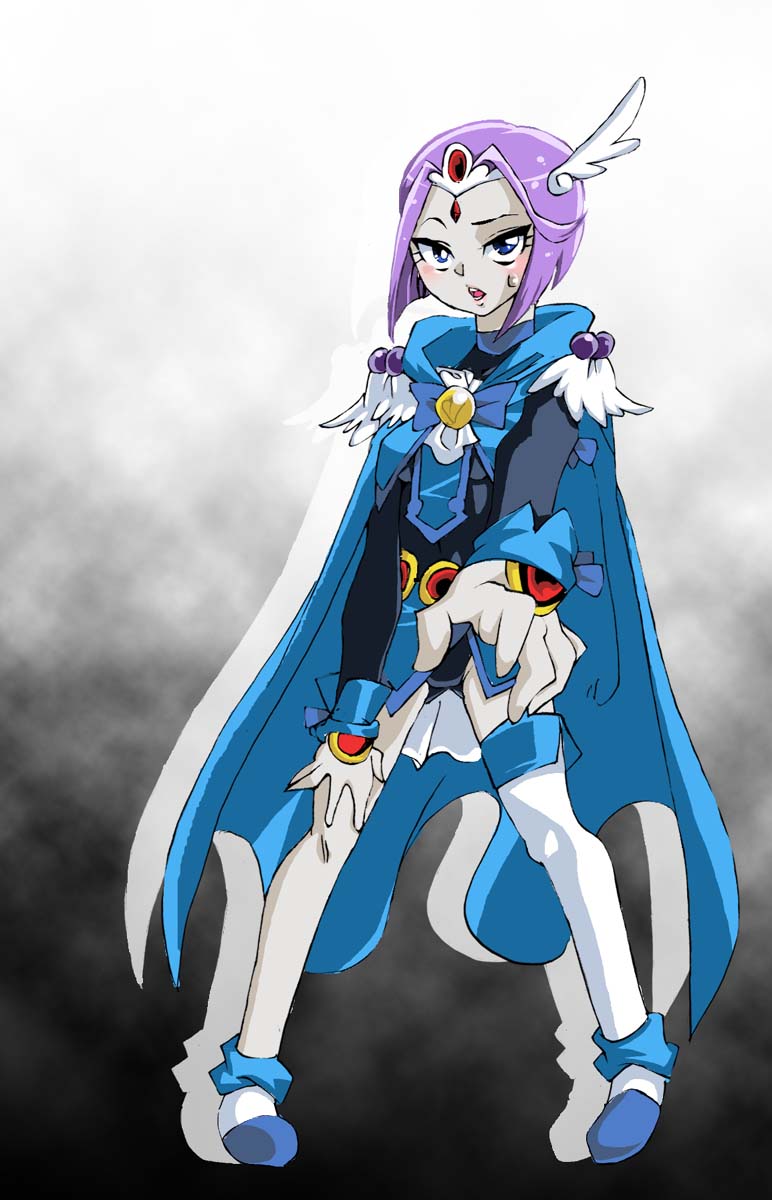 1girl aoki_reika blue_eyes breasts cape cartoon_network commentary_request cosplay cure_beauty cure_beauty_(cosplay) dc_comics forehead_jewel grey_skin highres onnaski precure purple_hair raven_(dc) short_hair smile_precure! solo teen_titans thigh-highs