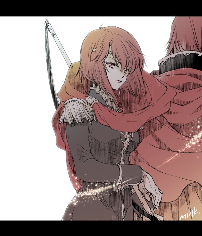 1boy 1girl armor brother_and_sister cape fire_emblem fire_emblem:_mystery_of_the_emblem gloves kizuki_miki long_hair minerva_(fire_emblem) misheil_(fire_emblem) red_eyes redhead short_hair siblings simple_background weapon white_background