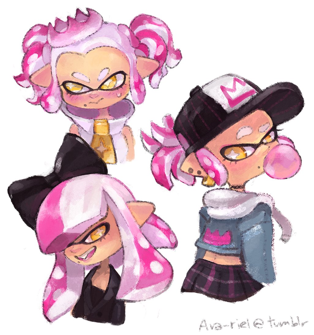 1girl alternate_hairstyle ava-riel bangs blunt_bangs blush bubble_blowing chewing_gum crown fang hime_(splatoon) mole mole_under_mouth pink_hair short_hair simple_background splatoon splatoon_2 tentacle_hair tumblr_username twintails white_background yellow_eyes