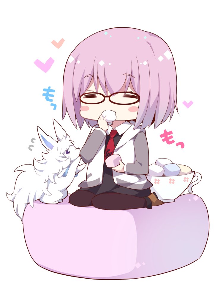 1girl blush_stickers chibi commentary_request cup eating fate/grand_order fate_(series) flying_sweatdrops food fou_(fate/grand_order) glasses hair_over_one_eye holding lavender_hair marshmallow mash_kyrielight seiza short_hair simple_background sitting teacup translation_request watanohara