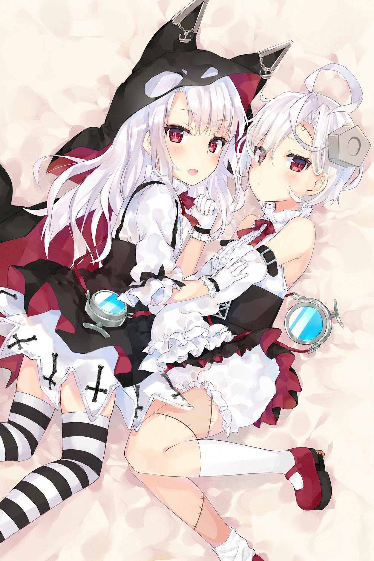 2girls ahoge azur_lane bed_sheet commentary_request detached_sleeves erebus_(azur_lane) frilled_skirt frills fushimi_sameta gloves hair_over_one_eye hat highres kneehighs long_hair looking_at_viewer lying multiple_girls red_eyes short_hair skirt striped striped_legwear terror_(azur_lane) thigh-highs white_gloves white_hair white_legwear zettai_ryouiki