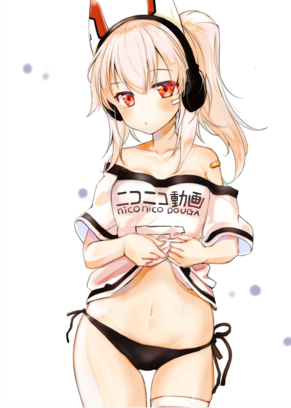 1girl animal_ears ayanami_(azur_lane) azur_lane commentary_request fake_animal_ears headphones highres kamakura_(abcd-1111-58) lifted_by_self long_hair looking_at_viewer navel niconico off-shoulder_shirt panties ponytail red_eyes shirt shirt_lift side-tie_panties silver_hair simple_background solo t-shirt terebi-chan translated underwear white_background