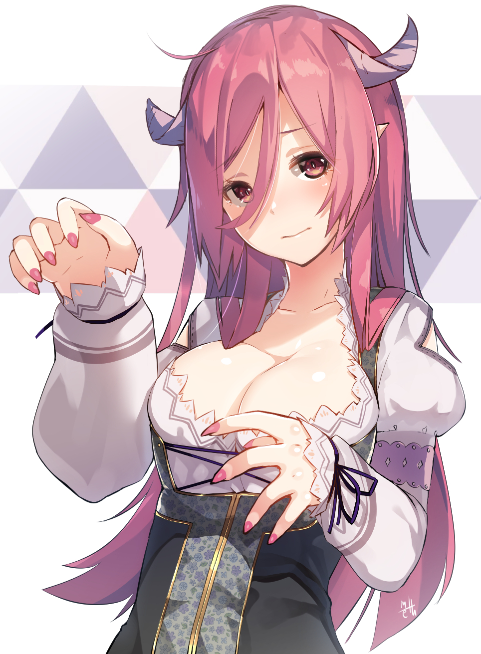 1girl artist_name blouse blush breasts claw_pose claws cleavage closed_mouth collarbone fingernails gao hair_between_eyes hands_up highres horns large_breasts long_hair looking_at_viewer meth_(emethmeth) nail_polish original pink_eyes pink_hair pink_nails pointy_ears puffy_sleeves sharp_fingernails sidelocks signature solo underbust upper_body white_blouse