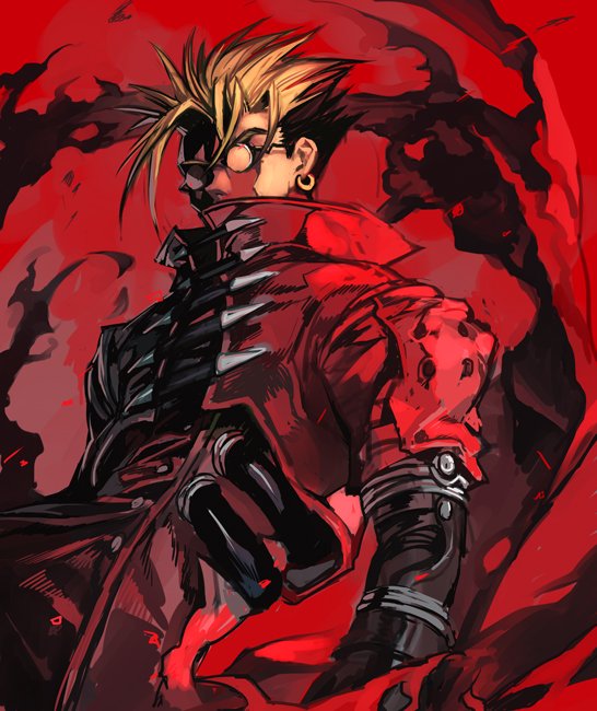 1boy aura blonde_hair coat earrings glasses hankuri jewelry long_sleeves looking_at_viewer male_focus opaque_glasses red_coat solo spiky_hair standing trigun upper_body vash_the_stampede