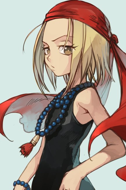 1girl bandanna bare_arms bare_shoulders black_shirt blonde_hair blue_background brown_eyes from_side hankuri jewelry kyouyama_anna looking_at_viewer necklace parted_lips pearl_necklace shaman_king shirt simple_background sleeveless sleeveless_shirt solo tassel