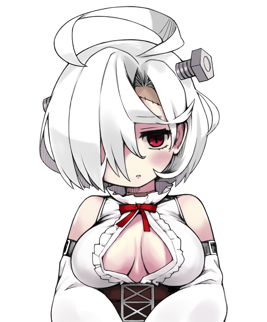 1girl :o ahoge azur_lane bangs bare_shoulders belt belt_buckle blush breasts brown_belt buckle center_opening detached_sleeves facing_viewer frills hair_between_eyes hair_intakes hair_over_one_eye long_sleeves looking_at_viewer medium_breasts moru_(monaka) no_bra no_nose open_clothes open_mouth open_shirt red_eyes red_neckwear red_ribbon ribbon screw shirt short_hair simple_background sleeveless sleeveless_shirt solo stitches terror_(azur_lane) turtleneck underbust upper_body white_background white_hair white_shirt wide_sleeves