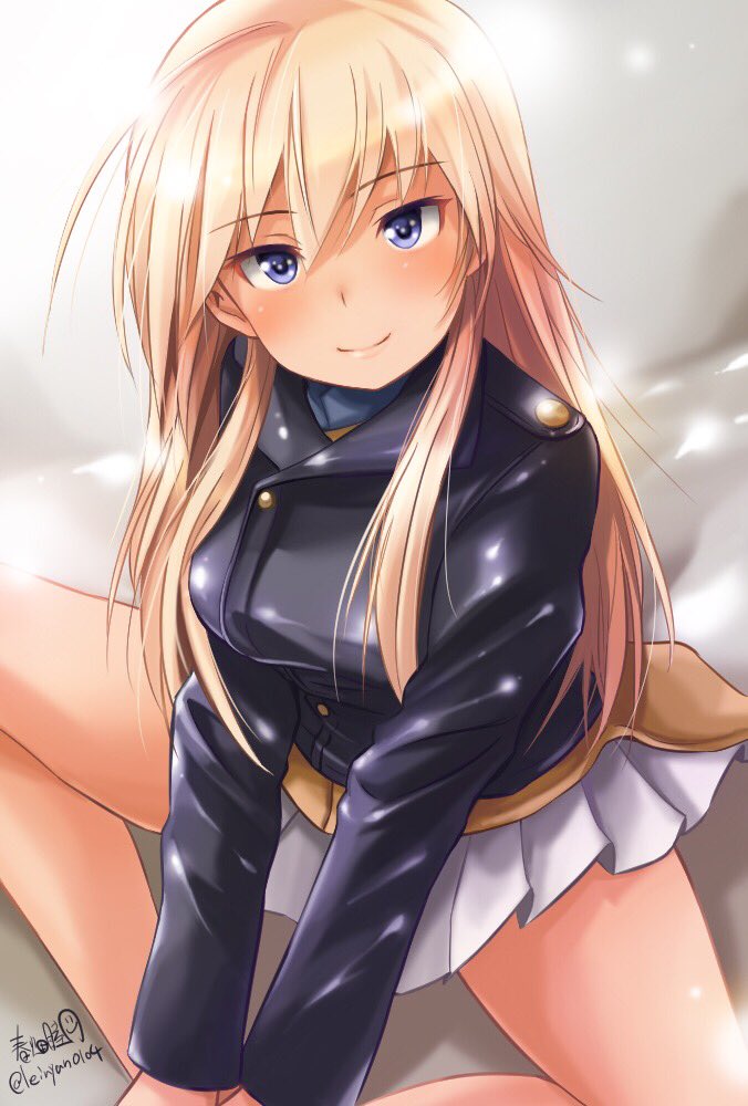 1girl blonde_hair blue_eyes from_above hanna-justina_marseille haruhata_mutsuki jacket leather leather_jacket long_hair looking_at_viewer looking_up pleated_skirt signature sitting skirt smile solo strike_witches twitter_username world_witches_series