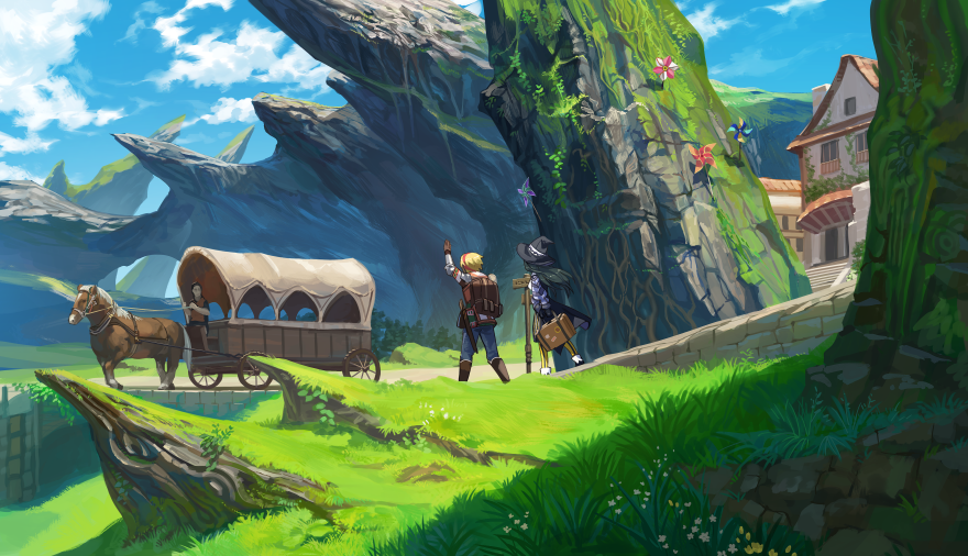 backpack bag black_hair blonde_hair building cloak clouds day fantasy from_behind gloves grass hat horse long_hair original outdoors ox_(baallore) rock scenery short_hair suitcase wagon walking waving witch_hat