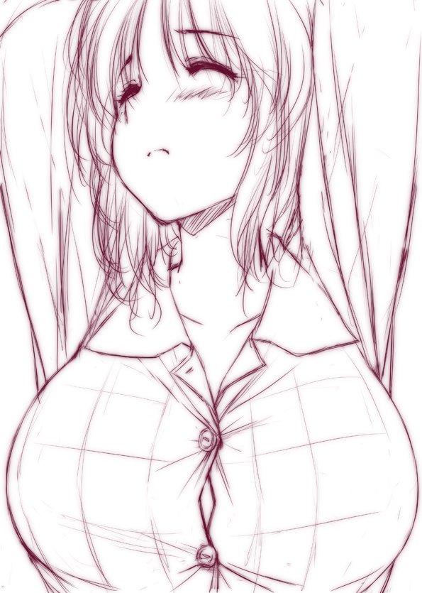 1girl arms_up breasts closed_eyes collarbone commentary large_breasts nori_tamago pajamas saigyouji_yuyuko short_hair sketch solo touhou upper_body work_in_progress