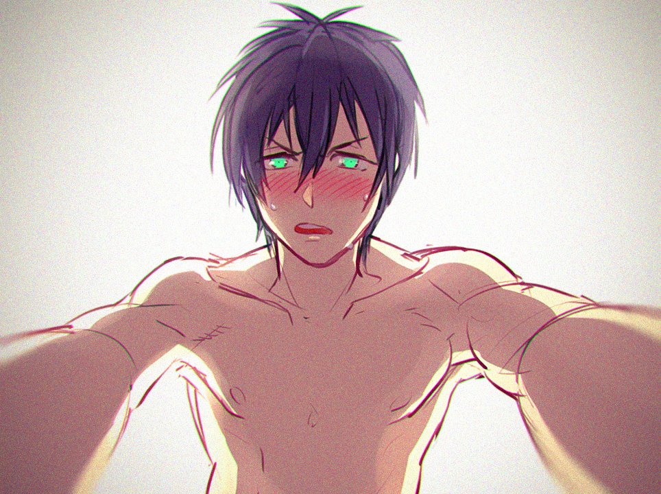 1boy black_hair blush green_eyes grey_background king_of_prism_by_prettyrhythm kougami_taiga male_focus nipples nude pov pretty_rhythm simple_background solo sweat upper_body