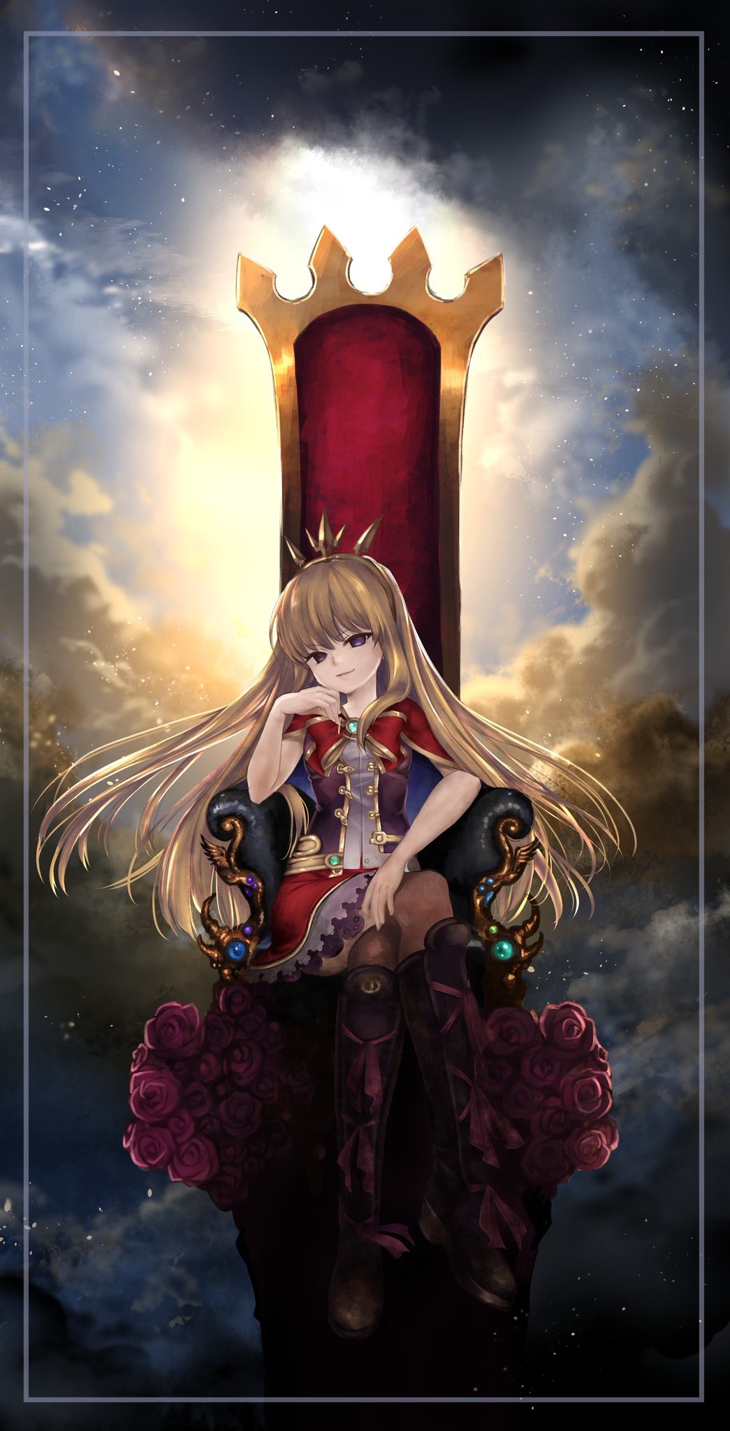 1girl arm_rest bangs blonde_hair blue_sky boots bow bowtie brooch brown_footwear brown_legwear cagliostro_(granblue_fantasy) closed_mouth clouds cloudy_sky commentary_request dark_clouds day dress eyebrows_visible_through_hair floating_hair flower frame full_body gem granblue_fantasy hand_on_own_cheek hand_up head_tilt highres jewelry knee_boots legs_crossed light_particles long_hair looking_at_viewer no_pupils outdoors pink_flower pink_ribbon pink_rose purple_dress red_capelet red_neckwear ribbon rose sidelocks sitting sky smirk smug solo straight_hair sunlight thigh-highs throne tiara tsurime very_long_hair violet_eyes yuitanpo