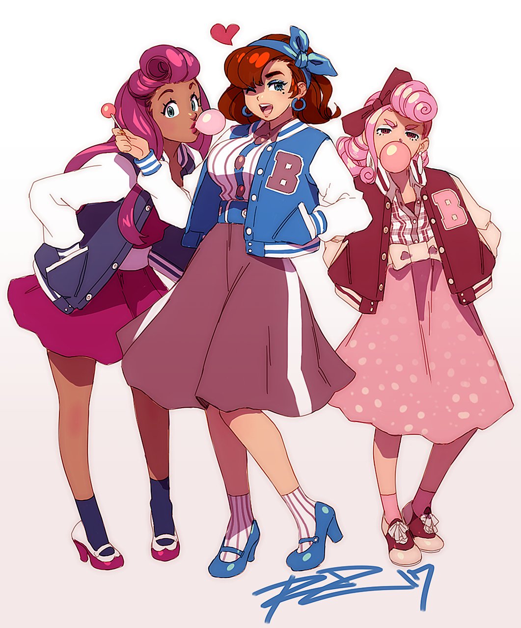 3girls ;d alternate_hairstyle bliss_barson blue_eyes bow breasts brown_hair bubble_blowing chewing_gum cryamore dark_skin deseret_amoir earrings eyeshadow flat_chest full_body hair_bow hairband hand_in_pocket highres hoop_earrings jacket jewelry large_breasts letterman_jacket lipstick long_skirt looking_at_viewer makeup mole mole_under_eye multiple_girls one_eye_closed open_mouth pink_hair pumps purple_hair robert_porter signature skirt smile socks sorbet_la_carelle standing very_dark_skin