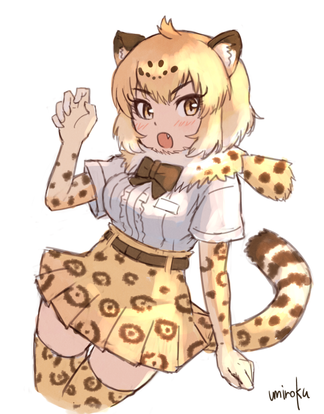 1girl animal_ears blonde_hair bow bowtie breast_pocket brown_neckwear claw_pose elbow_gloves eyebrows_visible_through_hair fur_collar gloves hand_up high-waist_skirt jaguar_(kemono_friends) jaguar_print kemono_friends legs_together looking_at_viewer pocket shirt short_hair signature simple_background skirt slit_pupils solo tail thigh-highs umiroku upper_body white_background white_shirt yellow_eyes