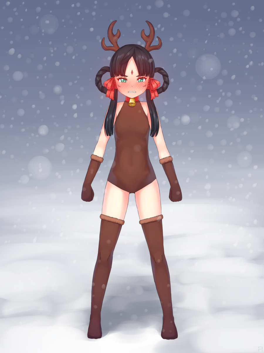 1girl antlers aposine bangs bell bell_collar black_hair blush boots brown_gloves brown_legwear brown_leotard christmas clenched_hand clenched_teeth collar covered_navel facial_mark forehead_mark full_body gloves green_eyes gyakuten_saiban gyakuten_saiban_6 hair_rings highres long_hair looking_at_viewer nose_blush parted_bangs rayfa_padma_khura'in sidelocks snow snowing solo standing tattoo teeth thigh-highs thigh_boots