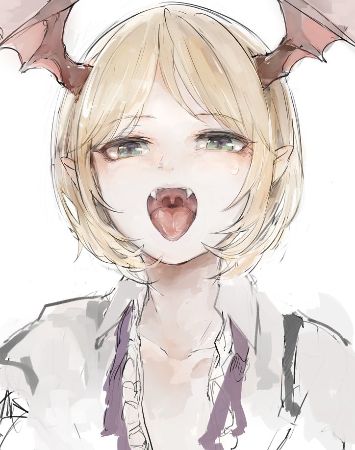 1boy bat_wings blonde_hair blush character_request collared_shirt eyebrows_visible_through_hair fangs granblue_fantasy green_eyes head_wings looking_at_viewer male_focus open_mouth pointy_ears shingeki_no_bahamut shirt short_hair simple_background solo sweatdrop tongue tongue_out upper_body veight wataichi_meko white_background wing_collar wings
