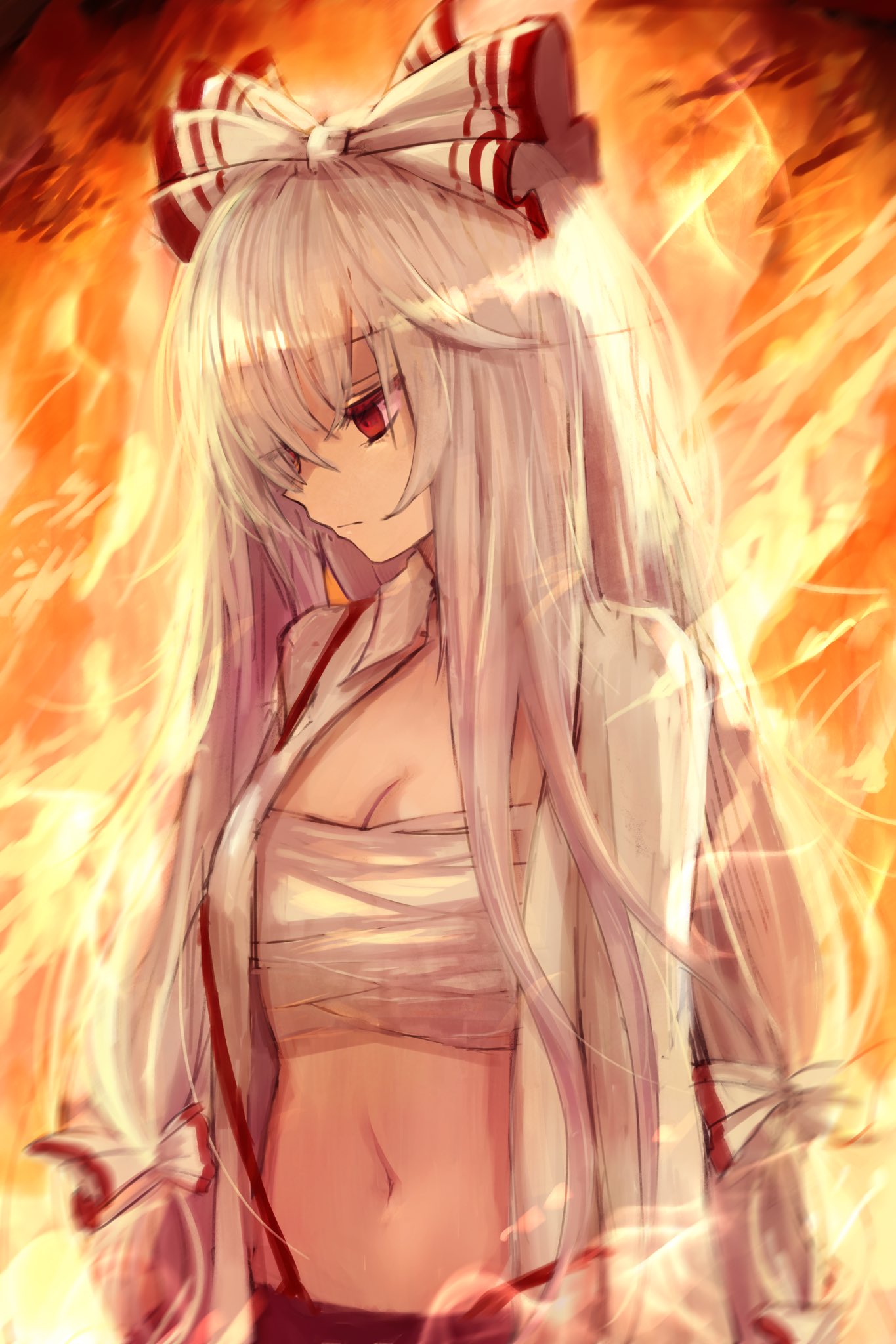 1girl bangs bow breasts cleavage closed_mouth expressionless fire fujiwara_no_mokou hair_bow highres long_hair long_sleeves looking_down maho_moco navel open_clothes open_shirt pants red_eyes red_pants sarashi shirt small_breasts solo stomach suspenders touhou upper_body very_long_hair white_bow white_hair white_shirt wing_collar