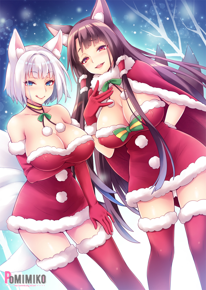 :q akagi_(azur_lane) alternate_costume animal_ears azur_lane black_hair blue_eyes breast_hold breasts choker cleavage elbow_gloves erect_nipples eyebrows_visible_through_hair fox_ears fox_tail gloves hair_tubes kaga_(azur_lane) large_breasts licking_lips long_hair looking_at_viewer multiple_tails open_mouth pomimiko red_eyes red_gloves red_legwear santa_costume short_hair snow snowing tail thigh-highs tongue tongue_out watermark white_hair zettai_ryouiki