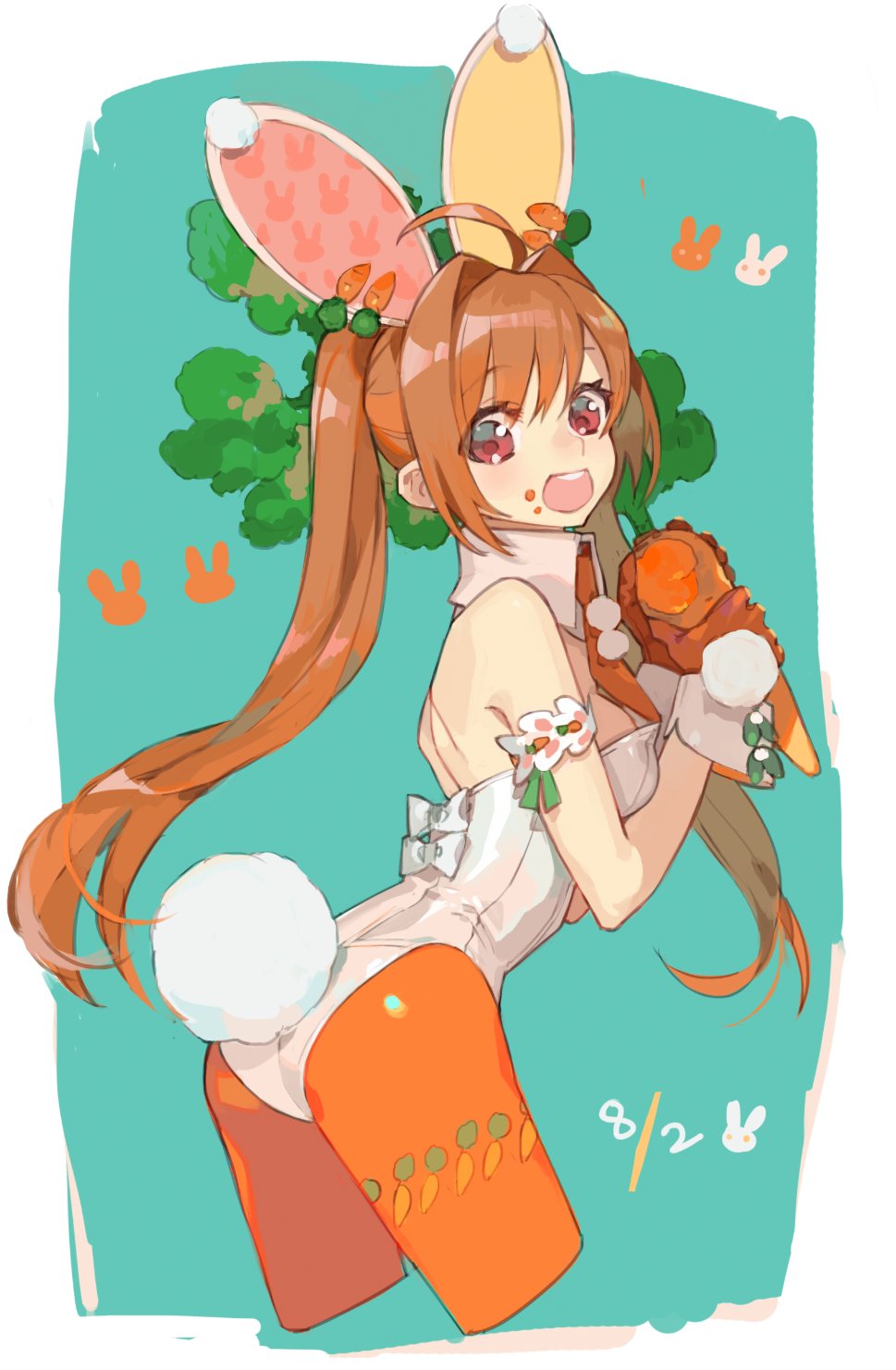 1girl ahoge alternate_costume animal_ears arm_garter bangs bow brown_hair bunny_girl bunny_tail bunnysuit carrot detached_collar eiyuu_densetsu estelle_bright fake_animal_ears gloves hair_intakes highres leotard long_hair looking_at_viewer nishihara_isao open_mouth rabbit_ears red_eyes solo sora_no_kiseki strapless strapless_leotard tail twintails wrist_cuffs