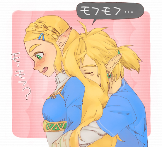 1boy 1girl blonde_hair blue_shirt blush braid breasts crop_top ear_blush earrings eyelashes facing_another forehead french_braid from_side green_eyes hair_ornament hair_tie hairclip hug hug_from_behind jewelry link long_hair long_sleeves looking_down natto_soup nose_blush open_mouth pointy_ears ponytail princess princess_zelda shirt short_ponytail sidelocks single_braid small_breasts speech_bubble tareme teeth the_legend_of_zelda the_legend_of_zelda:_breath_of_the_wild thick_eyebrows tongue turtleneck undershirt upper_body white_shirt