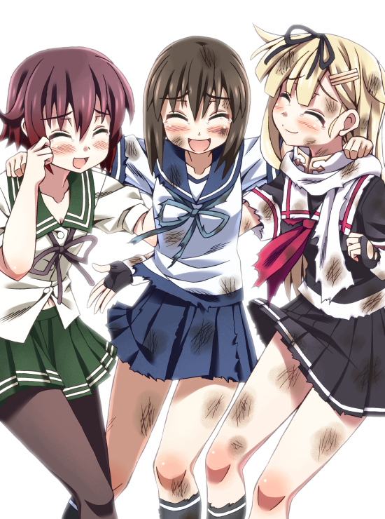 3girls black_hair black_legwear black_ribbon black_serafuku black_skirt blonde_hair blue_sailor_collar blue_skirt brown_hair closed_eyes cowboy_shot fubuki_(kantai_collection) green_sailor_collar green_skirt hair_flaps hair_ornament hair_ribbon hairclip kantai_collection long_hair multiple_girls mutsuki_(kantai_collection) neckerchief nonodera_minku pantyhose pleated_skirt red_neckwear remodel_(kantai_collection) ribbon scarf school_uniform serafuku short_hair sidelocks simple_background skirt torn_clothes white_background white_sailor_collar white_scarf yuudachi_(kantai_collection)