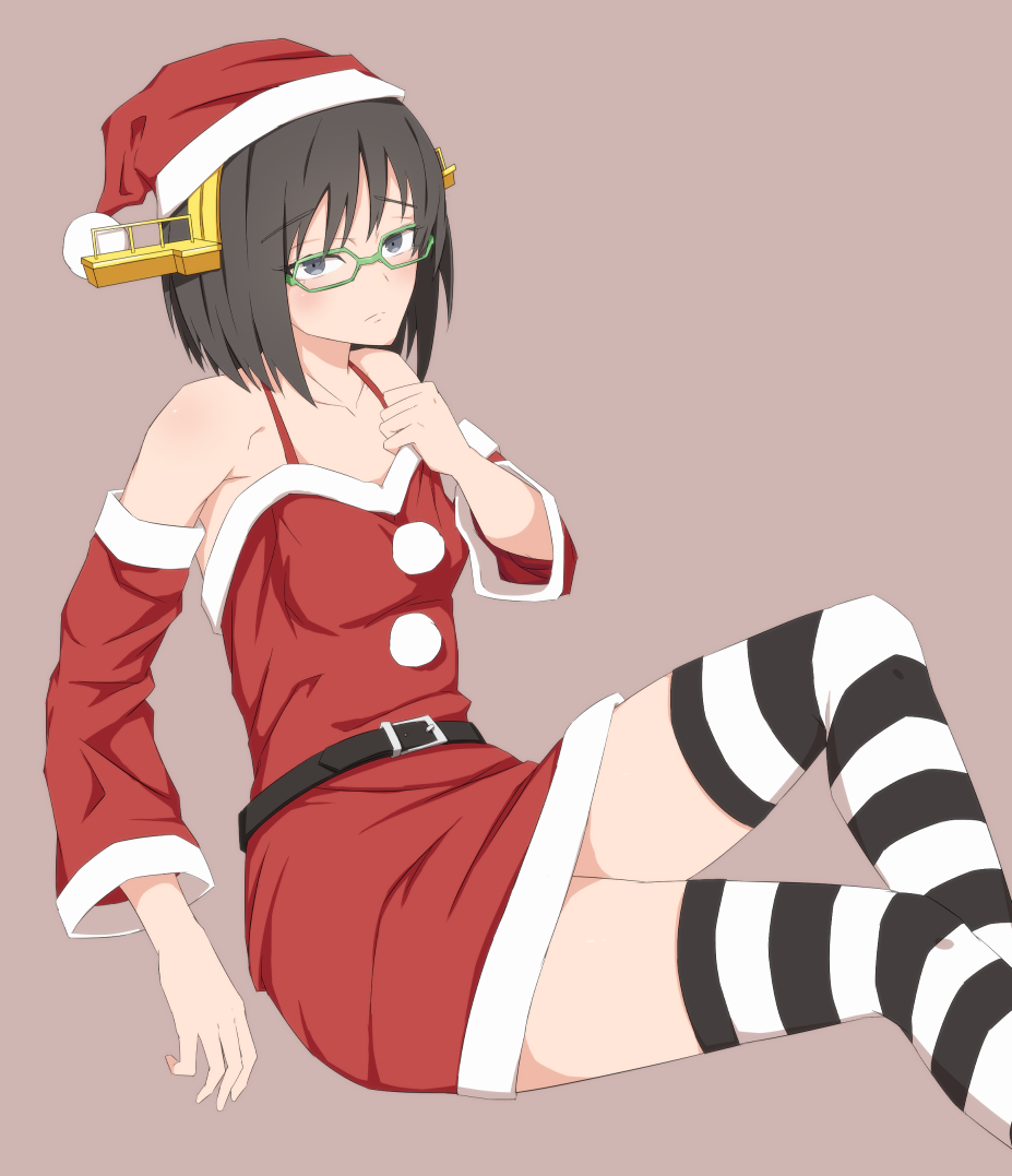 1girl alternate_costume bare_shoulders black_eyes blush christmas detached_sleeves eyebrows_visible_through_hair glasses hat intirami kantai_collection kirishima_(kantai_collection) santa_costume santa_hat short_hair solo striped striped_legwear tan_background thighs