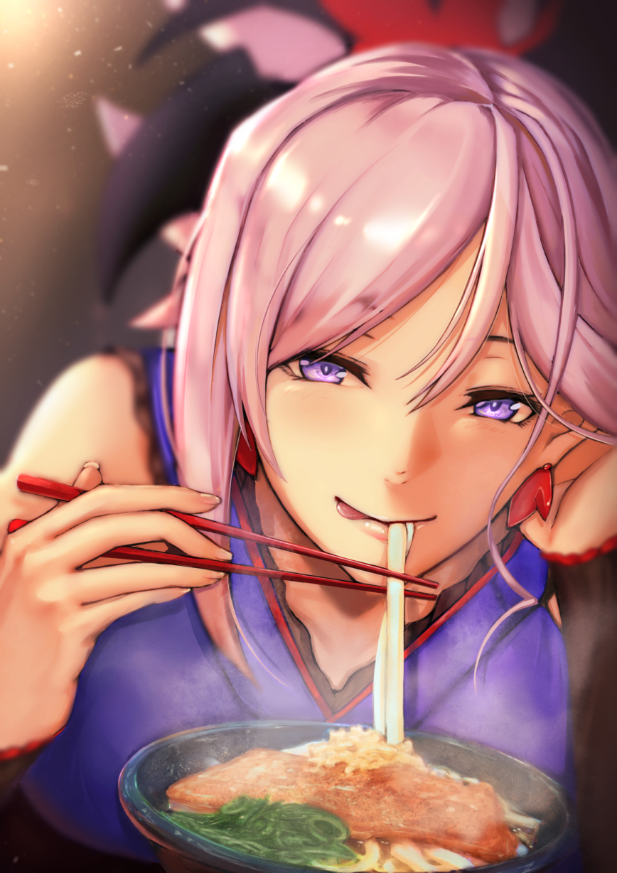 1girl :q blue_hair chopsticks earrings eating fate/grand_order fate_(series) fingernails folded_ponytail hair_ornament highres japanese_clothes jewelry kisaragi_chiyuki looking_at_viewer miyamoto_musashi_(fate/grand_order) solo tongue tongue_out udon
