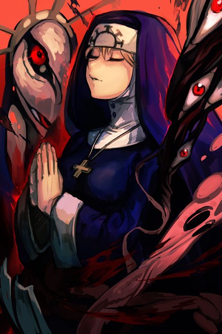 1girl blonde_hair blue_dress closed_eyes cross cross_necklace double_(skullgirls) dress extra_eyes hands_clasped hankuri jewelry long_sleeves looking_at_viewer necklace nun own_hands_together parted_lips praying red_eyes skullgirls solo veil