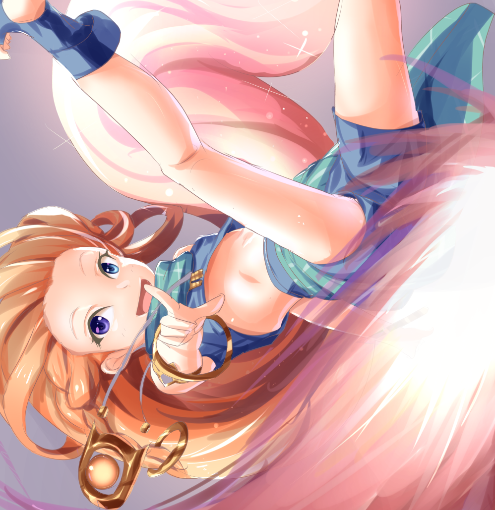 1girl akaishi blue_eyes flat_chest heterochromia jewelry league_of_legends long_hair looking_at_viewer midriff navel necklace open_mouth orange_hair pointing pointing_at_viewer sarong scarf shorts smile solo stomach toeless_legwear very_long_hair violet_eyes zoe_(league_of_legends)