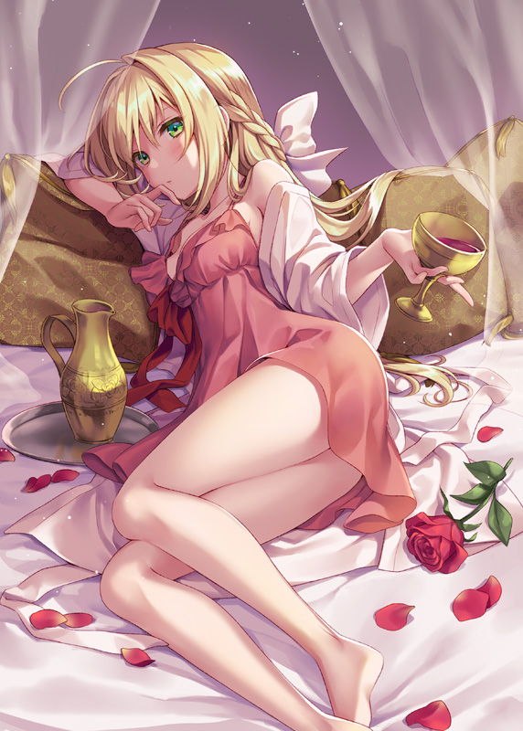 1girl ahoge bangs bare_legs bed_sheet braid curtains fate/grand_order fate_(series) goblet hair_intakes half_updo hand_up index_finger_raised long_hair lying ne-on nero_claudius_(fate) nero_claudius_(fate)_(all) nightgown on_bed on_side pitcher sidelocks solo thighs tray