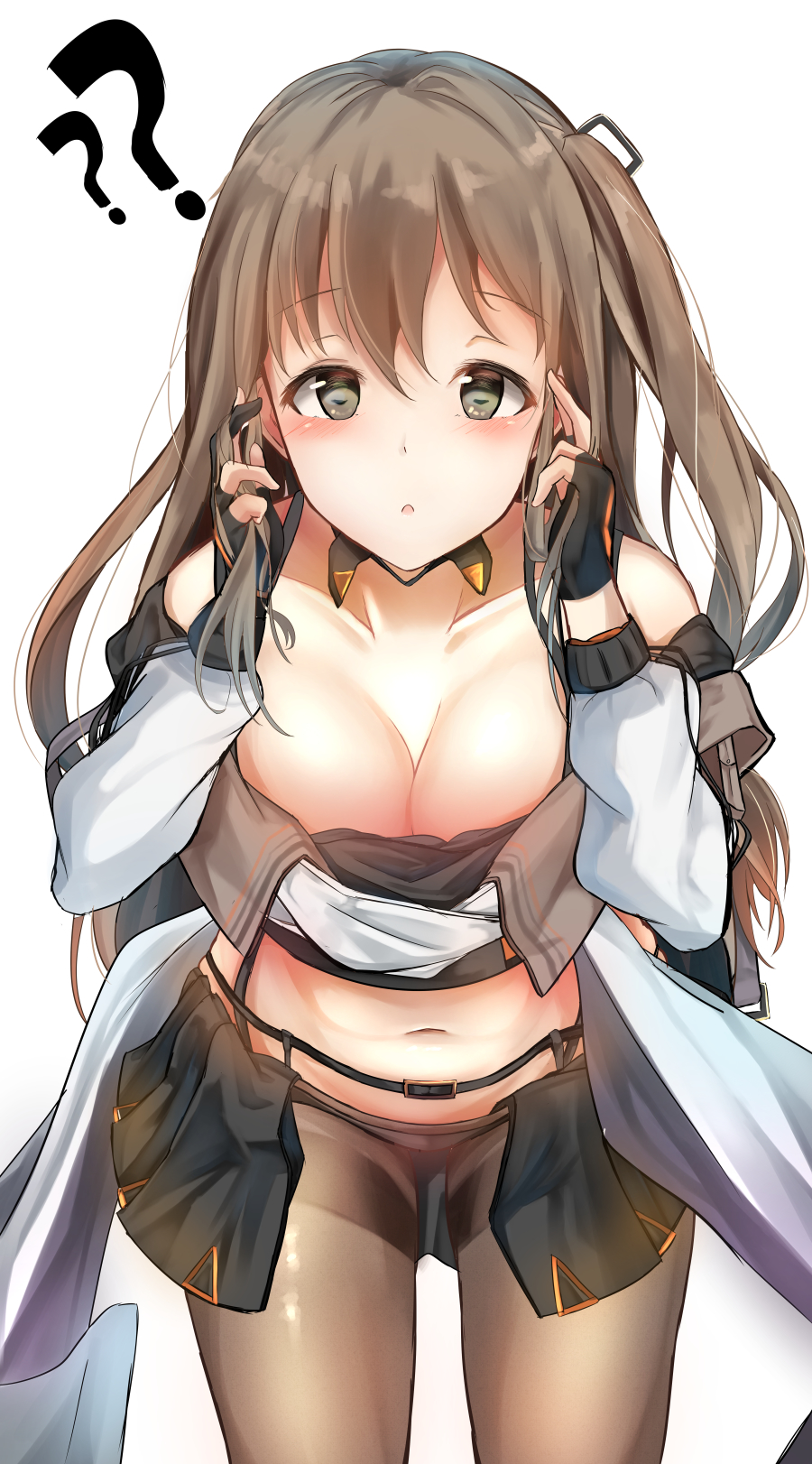 1girl ?? bangs belt black_panties blush breasts brown_eyes brown_hair brown_legwear buckle choker cleavage collarbone commentary commentary_request cowboy_shot eyebrows_visible_through_hair fingerless_gloves girls_frontline gloves hair_ornament hairclip hand_in_hair hands_on_own_face highres k-2_(girls_frontline) leaning_forward long_hair long_sleeves looking_at_viewer medium_breasts miniskirt navel one_side_up open_mouth panties pantyhose septet_(zrca_janne) side_ponytail sidelocks simple_background skirt smile solo standing stomach strap thighband_pantyhose underwear white_background