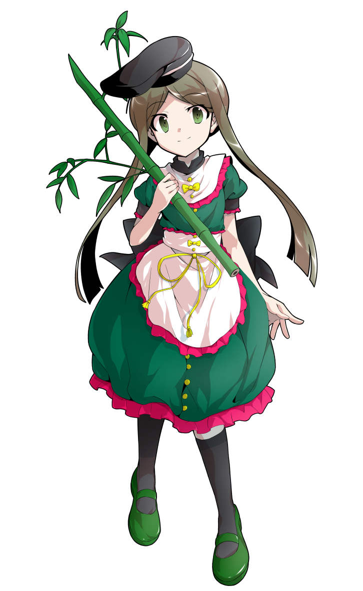 1girl apron bamboo black_hat black_legwear bow brown_hair dairi dress frills green_dress green_eyes green_footwear hat ribbon shoes short_hair short_hair_with_long_locks short_sleeves smile solo standing tachi-e tate_eboshi teireida_mai touhou transparent_background waist_apron