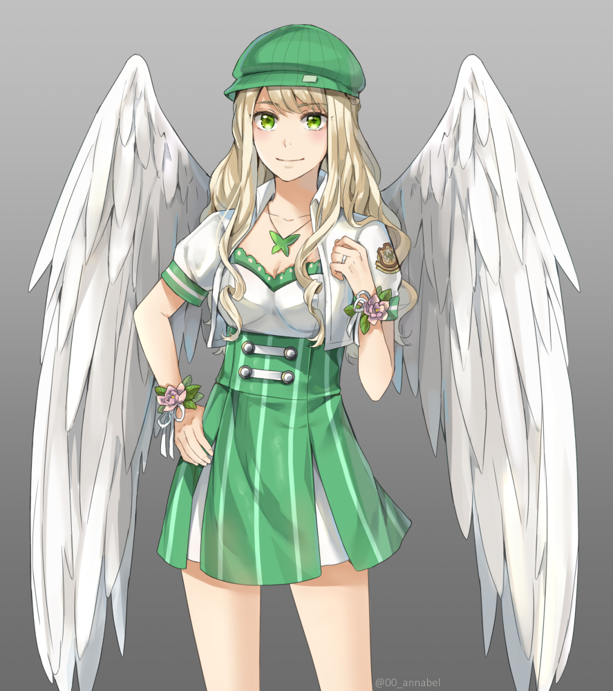 1girl angel_wings annabel-m blonde_hair blush breasts cleavage closed_mouth commission contrapposto feathered_wings flower gradient gradient_background green_eyes green_hat green_skirt grey_background hat high-waist_skirt jewelry long_hair looking_at_viewer medium_breasts necklace original puffy_short_sleeves puffy_sleeves short_sleeves skirt smile solo standing thigh-highs twitter_username wings wristband