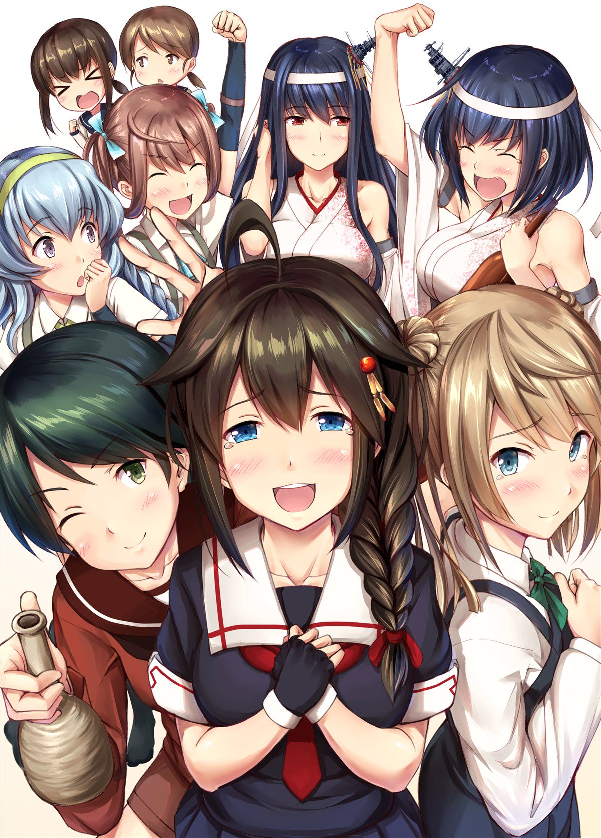 &gt;_&lt; 6+girls :d :o ;) ^_^ ^o^ adjusting_hair ahoge and_up asagumo_(kantai_collection) bangs black_dress black_gloves black_hair black_serafuku black_shirt blonde_hair blue_eyes blue_hair blue_ribbon blush bow braid breasts brown_hair chestnut_mouth chibi_inset clenched_hand closed_eyes detached_collar detached_sleeves double_bun dress fang fingerless_gloves fubuki_(kantai_collection) fusou_(kantai_collection) gloves green_bow green_eyes green_hair green_hairband green_neckwear hair_ornament hair_over_shoulder hair_ribbon hairpin hand_in_hair hand_on_own_face hand_up hands_on_own_chest happy happy_tears headband highres holding ichikawa_feesu japanese_clothes kantai_collection kimono large_breasts long_hair long_sleeves looking_at_viewer looking_to_the_side low_ponytail michishio_(kantai_collection) mogami_(kantai_collection) multiple_girls neckerchief one_eye_closed open_mouth own_hands_together pinafore_dress raised_fist red_eyes red_neckwear red_ribbon red_shirt remodel_(kantai_collection) ribbon round_teeth school_uniform serafuku shigure_(kantai_collection) shiny shiny_hair shirayuki_(kantai_collection) shirt short_hair sidelocks simple_background single_braid smile swept_bangs tareme tears teeth two_side_up upper_body v-shaped_eyebrows violet_eyes white_background white_kimono white_shirt wide_sleeves yamagumo_(kantai_collection) yamashiro_(kantai_collection)