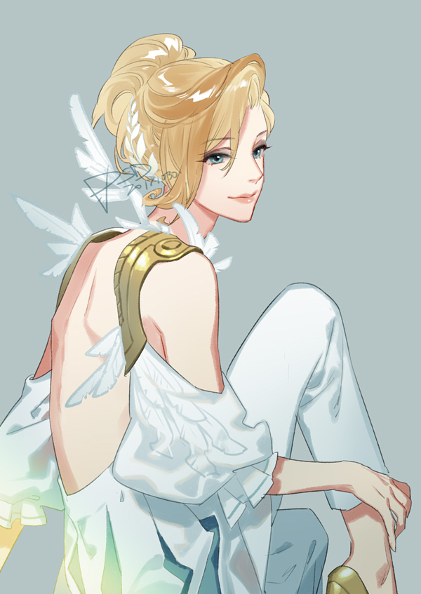 1girl bare_shoulders blonde_hair blue_eyes closed_mouth dated dress eyebrows_visible_through_hair grey_background hair_between_eyes high_heels long_sleeves looking_at_viewer mercy_(overwatch) open-back_dress overwatch pants ponytail psd puffy_long_sleeves puffy_sleeves short_hair signature simple_background sitting smile solo white_dress white_pants