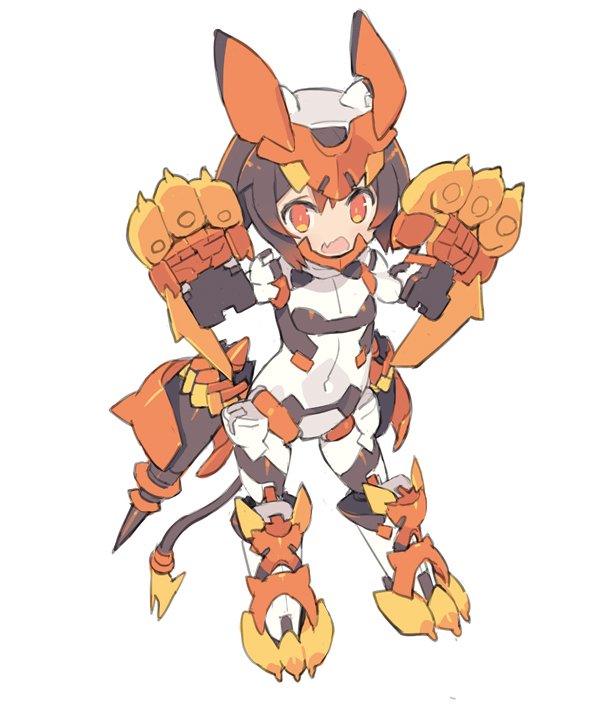 1girl arms_up bangs blade_(galaxist) blush brown_hair clenched_hands copyright_request covered_navel eyebrows_visible_through_hair fang full_body gradient_hair hair_between_eyes headgear looking_at_viewer multicolored_hair open_mouth orange_eyes power_armor redhead short_hair simple_background solo standing tail white_background