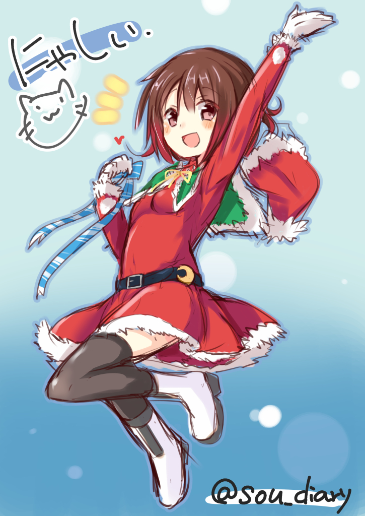 1girl alternate_costume belt black_legwear blue_background blush boots breasts cat christmas collared_dress crescent crescent_moon_pin dress full_body gloves hat hat_removed headwear_removed jumping kantai_collection machinery mutsuki_(kantai_collection) red_dress redhead santa_costume santa_hat short_hair small_breasts smile solo sou_(soutennkouchi) text thigh-highs twitter_username