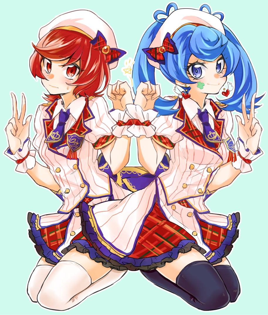 2girls back_bow beret black_legwear blue_angel blue_eyes blue_hair blue_neckwear blush brown_eyes brown_hair cosplay cosplay_request earrings embarrassed hat heart heart_earrings jewelry kaya_rio looking_at_viewer multiple_girls school_uniform scrunchie short_sleeves smile sweatdrop thigh-highs white_legwear wrist_scrunchie yu-gi-oh! yuu-gi-ou_vrains zaizen_aoi