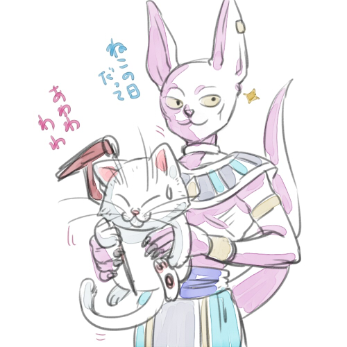 2boys bakusou_k beerus carrying cat closed_eyes dragon_ball dragon_ball_super dragon_ball_z_kami_to_kami dragonball_z egyptian_clothes karin_(dragon_ball) looking_away lowres male_focus multiple_boys nervous simple_background smile staff sweatdrop translation_request white_background