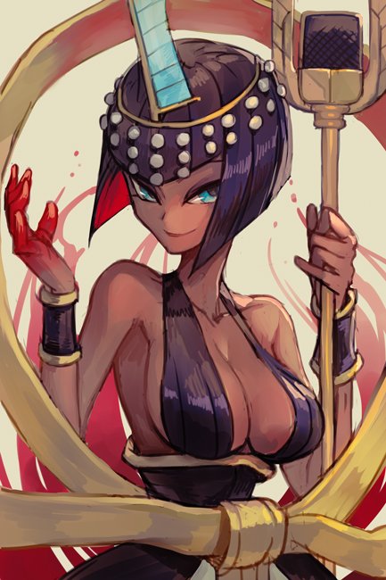 1girl bangs black_dress blood bloody_hands blue_eyes blunt_bangs bracer breasts closed_mouth dark_skin dress eliza_(skullgirls) halterneck hankuri headpiece holding holding_staff large_breasts looking_at_viewer pinky_out purple_hair short_hair skullgirls smile solo staff upper_body