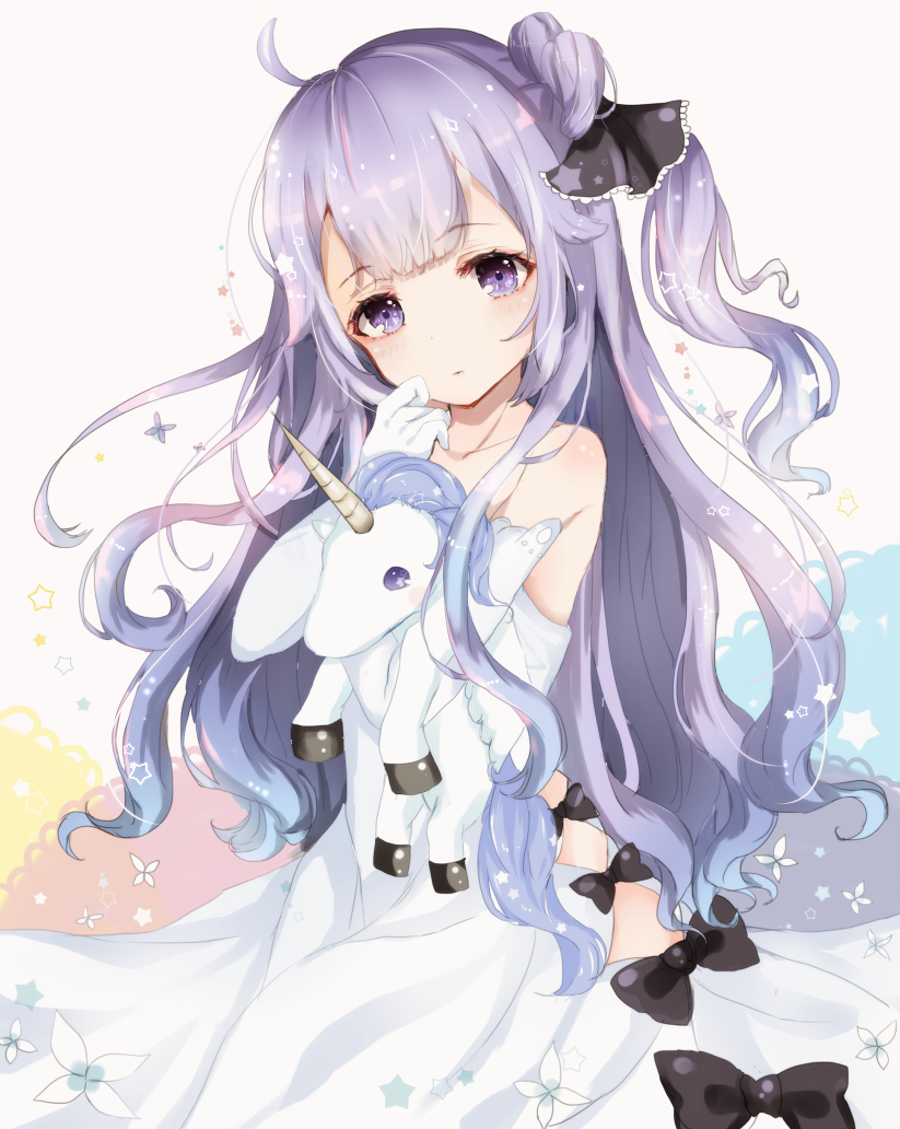 1girl ahoge azur_lane bangs bare_shoulders black_bow black_ribbon blush bow closed_mouth collarbone commentary_request detached_sleeves dress elbow_gloves eyebrows_visible_through_hair gloves hair_bun hair_ribbon hand_to_own_mouth head_tilt long_hair looking_at_viewer object_hug one_side_up purple_hair ribbon sakura_mochiko side_bun solo strapless strapless_dress stuffed_animal stuffed_pegasus stuffed_toy stuffed_unicorn unicorn_(azur_lane) very_long_hair violet_eyes white_dress white_gloves