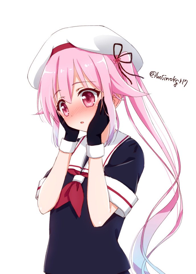 1girl beret black_gloves blush eyebrows_visible_through_hair gloves harusame_(kantai_collection) hat hoshino_kagari kantai_collection long_hair neckerchief open_mouth pink_eyes pink_hair ponytail school_uniform serafuku simple_background solo white_background white_beret